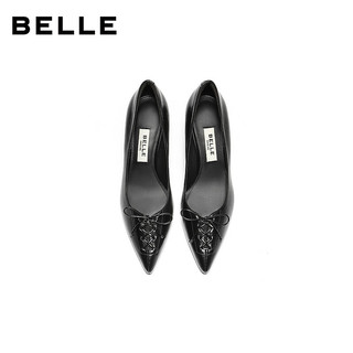 百丽（Belle）92系列蝴蝶结高跟单鞋女2026春真皮通勤单鞋H8008AQ6 黑色 36 (230mm)