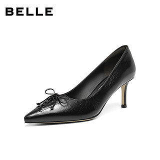 百丽（Belle）92系列蝴蝶结高跟单鞋女2026春真皮通勤单鞋H8008AQ6 黑色 36 (230mm)