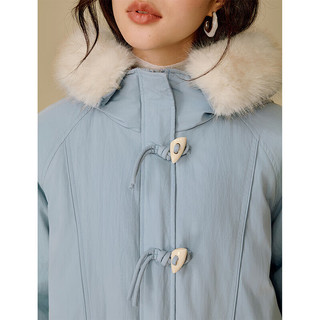 茵曼（INMAN）2025冬季女装可拆毛领连帽羽绒服牛角扣灯笼袖长款外套 浅蓝色 S 154-160cm /91-100斤