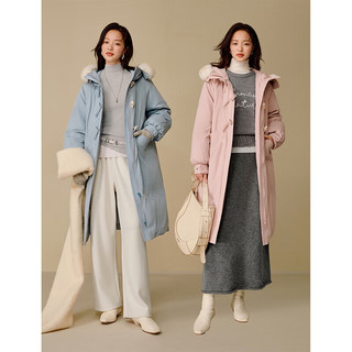 茵曼（INMAN）2025冬季女装可拆毛领连帽羽绒服牛角扣灯笼袖长款外套 浅蓝色 S 154-160cm /91-100斤