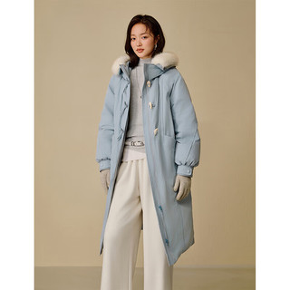 茵曼（INMAN）2025冬季女装可拆毛领连帽羽绒服牛角扣灯笼袖长款外套 浅蓝色 S 154-160cm /91-100斤