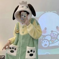 宝娜斯珊瑚绒睡衣女冬季加厚加绒卡通少女草莓小鸭长款睡袍居家服 帕恰狗睡袍 均码 (适合80-160斤)