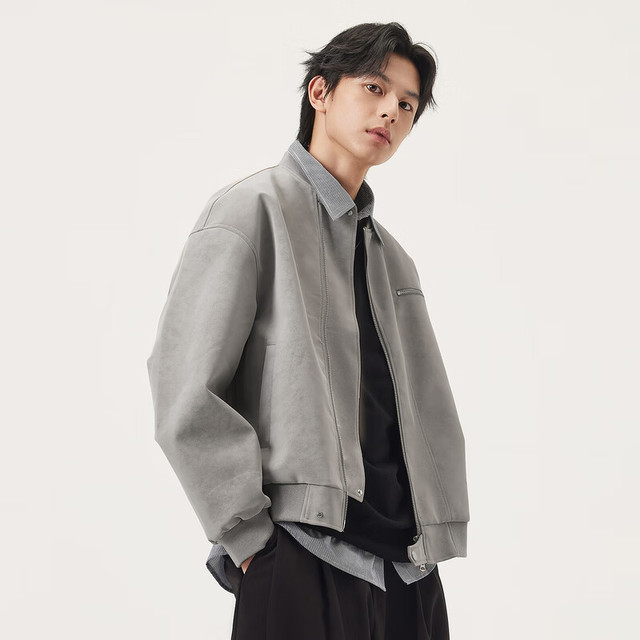 gxgjeans 美式PU皮宽松棒球领飞行员夹克 灰色