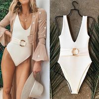 欧美连体泳衣沙滩纯色腰带琥珀圆环一体式泳装女士性感比基尼