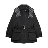 ELLE90白鸭绒格子领连帽羽绒服女2025冬厚款保暖外套