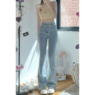 LPOX浅色微喇叭牛仔裤女秋冬2025年新款韩版高腰潮流百搭显瘦喇叭裤子 浅蓝色九分裤 微喇叭959