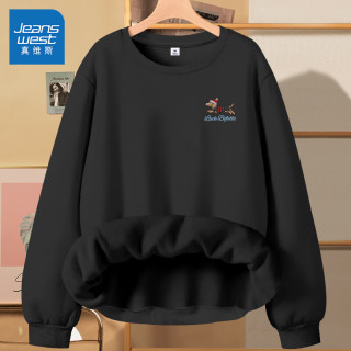 真维斯（Jeanswest）加绒卫衣女士冬季2026摇粒绒圆领宽松套头衫休闲保暖女生上衣 黑色 奔跑腊肠_K (加厚款) XL