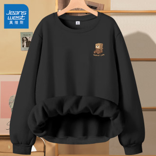 真维斯（Jeanswest）加绒卫衣女士冬季2026摇粒绒圆领宽松套头衫休闲保暖女生上衣 黑色 纸盒熊_K (加厚款) L