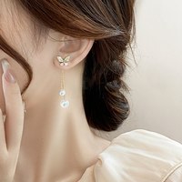 锆石蝴蝶耳钉女小众设计感长款珍珠耳坠2025年潮气质耳环耳饰