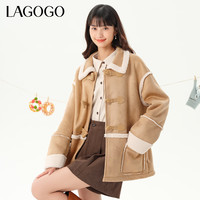 LAGOGO翻领仿羊卷绒慵懒外套女拉谷谷冬高级感加厚通勤上衣 米粽(TU) S 155/36
