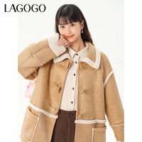 LAGOGO翻领仿羊卷绒慵懒外套女拉谷谷冬高级感加厚通勤上衣 米粽(TU) M 160/38