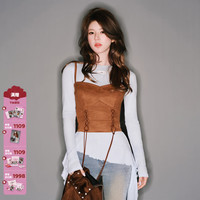 CHUU柔肤木耳边t恤女士春季不对称抽褶蕾丝标上衣 baby蓝 L -0