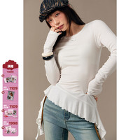 CHUU柔肤木耳边t恤女士春季不对称抽褶蕾丝标上衣 白色2 L -0