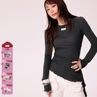 CHUU柔肤木耳边t恤女士春季不对称抽褶蕾丝标上衣 碳墨灰2 M -00