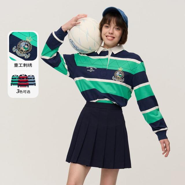 限尺码：E·LAND 衣恋 E.LAND 衣恋长袖T恤徽章polo领宽松学院风上衣女秋冬