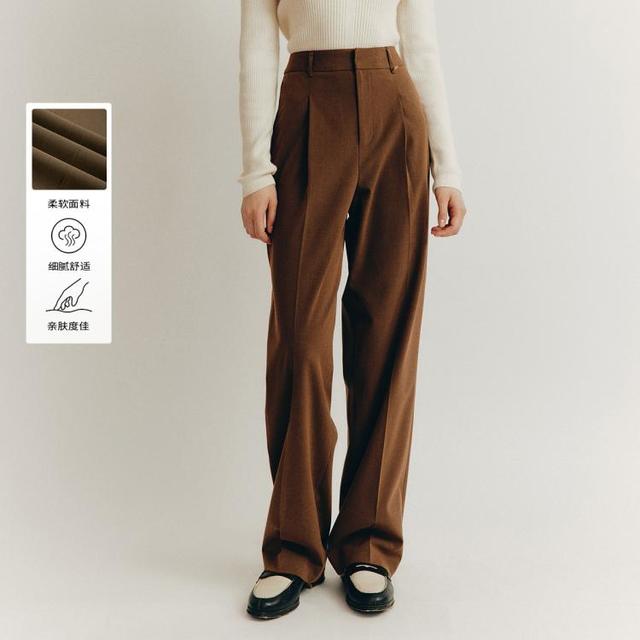 E·LAND 衣恋 E.LAND 衣恋美拉德裤子女宽松休闲高级感褶裥直筒裤长裤秋冬