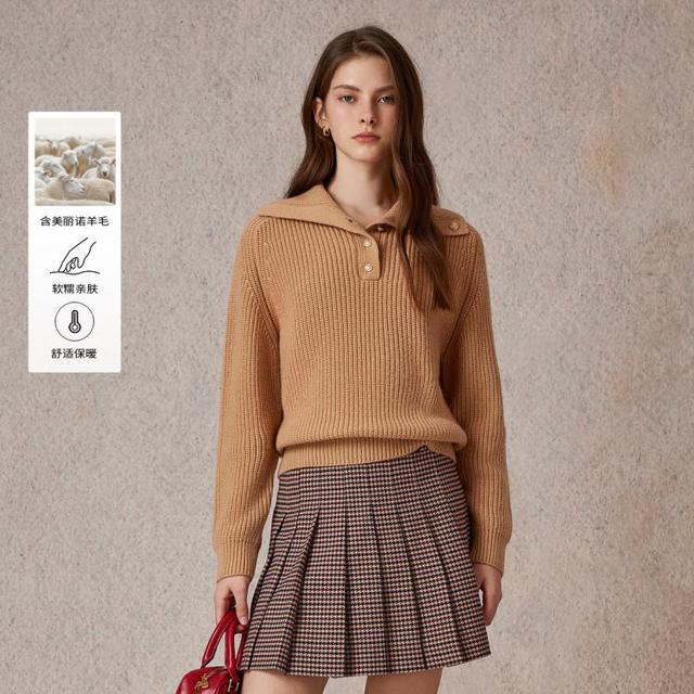 限尺码：E·LAND 衣恋 E.LAND 衣恋毛衣女纯色翻领设计保暖长袖休闲上衣秋冬款