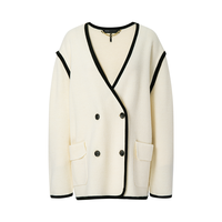 BCBGMAXAZRIA 【黑白美学】羊毛混纺撞色双排扣V领小香风针织外套25秋冬