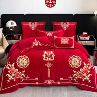 牛奶绒四件套结婚大红色冬季珊瑚绒婚庆刺绣喜庆加厚保暖宝宝绒