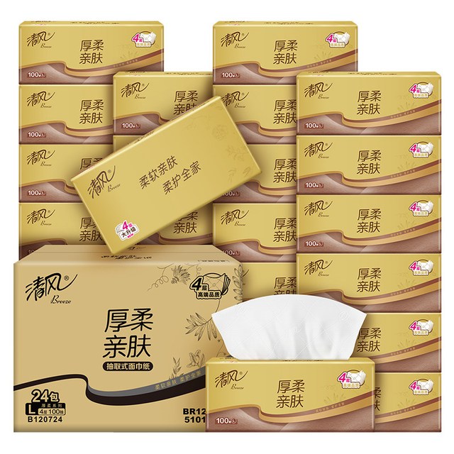 88VIP：清风 享优惠清风抽纸厚柔金装4层面巾纸巾卫生纸4层100抽24包L码（170x170mm）