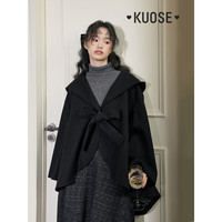 阔色（kuose）黑色毛呢连帽外套短款披肩女秋冬新款蝴蝶结斗篷呢子大衣 黑色