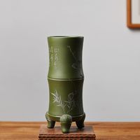 抖音 宜兴朱绿泥三足小竹节紫砂刻绘微型绿植盆景花卉悬崖多肉花盆