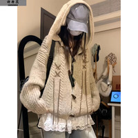 诗丹蕊韩系复古甜美兔耳朵麻花连帽针织毛衣女新秋冬季学院宽松外套开衫 卡其色毛衣 均码 【可备注码数】