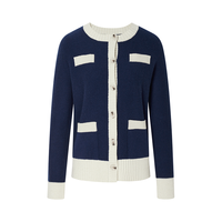 BCBGMAXAZRIA 【100%初剪羊毛】拼色罗纹饰边圆领小香风针织外套25秋冬
