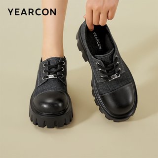 意尔康女鞋春秋季女士粗跟厚底单鞋牛仔布拼接甜酷风百搭小皮鞋 蓝/黑 36