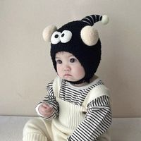 OLOIU 婴儿帽子秋冬款超萌卡通球球包头帽冬天保暖毛线护耳帽 黑色
