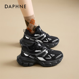 DAPHNE达芙妮银色老爹鞋女2025冬加绒加厚保暖棉鞋厚底增高不累脚雪地靴 黑色【零下保暖】 35