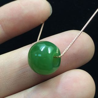 亲瑞和田玉碧玉路路通鼓珠桶珠转运珠光面吊坠菠菜绿苹果绿无裂无瑕 925银链