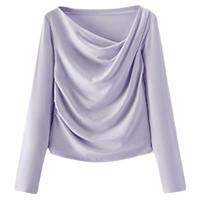 森马长袖T恤女春季短款不对称荡领斜肩露肩紧身纯色2026上衣