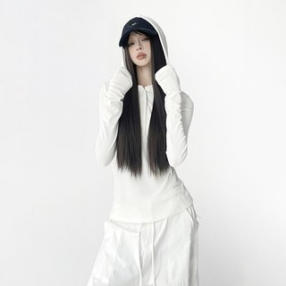  木昱子 修身显瘦 女士长袖T恤 纽扣 连帽