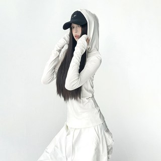 木昱子 修身显瘦 女士长袖T恤 纽扣 连帽