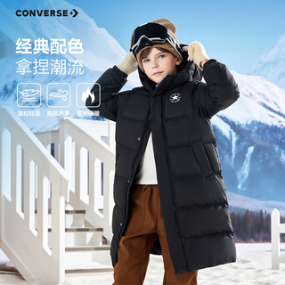 匡威Converse男女童中长款羽绒服2025年冬季儿童90%鸭绒保暖外套 正黑色 150 /72 充绒量207克【140-152cm】