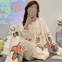 有只绵睡衣女冬季加绒加厚甜美蝴蝶结保暖珊瑚绒居家服小香风套装 小星套装 L 80-120