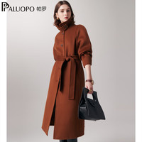 帕罗（PALUOPO）秋冬中长款翻领毛呢大衣山羊绒双面呢子纯色英伦风小个子 焦糖色 S 155/80A