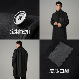 太平鸟 男装秋冬皮质口袋中长款毛呢大衣外套男式大衣