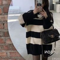 零柒零捌秋冬复古黑白条纹洋气毛衣女宽松温柔风套头针织衫