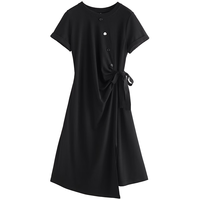 初语小心机收褶开叉连衣裙女季系带收腰T恤裙 黑色 S 黑色8329025