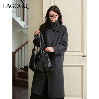 LAGOGO全羊毛北欧画报深灰长款大衣女拉谷谷2025冬新款双面呢外套 深灰色