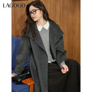 LAGOGO全羊毛北欧画报深灰长款大衣女拉谷谷2025冬新款双面呢外套 深灰色