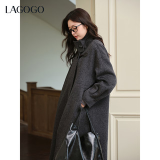 LAGOGO全羊毛北欧画报深灰长款大衣女拉谷谷2025冬新款双面呢外套 深灰色