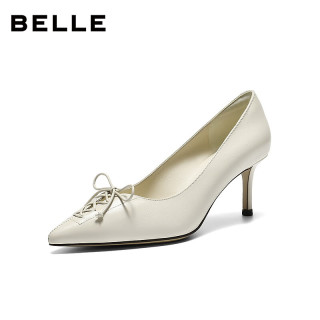 百丽（Belle）【92系列】蝴蝶结高跟单鞋女2026春商场牛皮通勤单鞋H8008AQ6 米白色（跟高7CM，牛皮材质） 37 (235mm)