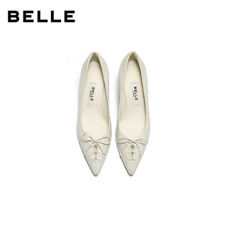 百丽（Belle）【92系列】蝴蝶结高跟单鞋女2026春商场牛皮通勤单鞋H8008AQ6 米白色（跟高7CM，牛皮材质） 37 (235mm)
