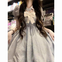 欧维沃法式温柔风蓝色泡泡袖连衣裙子 女夏季古着vintage在逃公主蓬蓬裙 蓝色 L