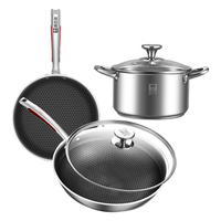 康巴赫 KBH）厨房必备套装锅304不锈钢蜂窝不粘炒锅平底煎锅汤锅礼盒装礼赠 炒锅+汤锅+煎锅 3件套