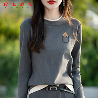 RLAS磨毛假两件T恤女秋冬季宽松显瘦小个子内搭打底正肩圆领长袖上衣 灰色(右-小熊口袋)【磨毛款】