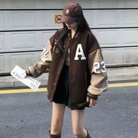 矜持范美式潮牌外套女ins潮冬季学生学院风宽松外穿高街加绒加厚棒球服 深棕色【